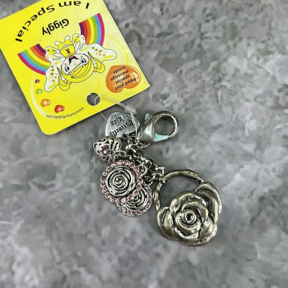 Vintage Silver Tone Heart & Rose Charm Keychain Bling Purse Charm Keyring NEW